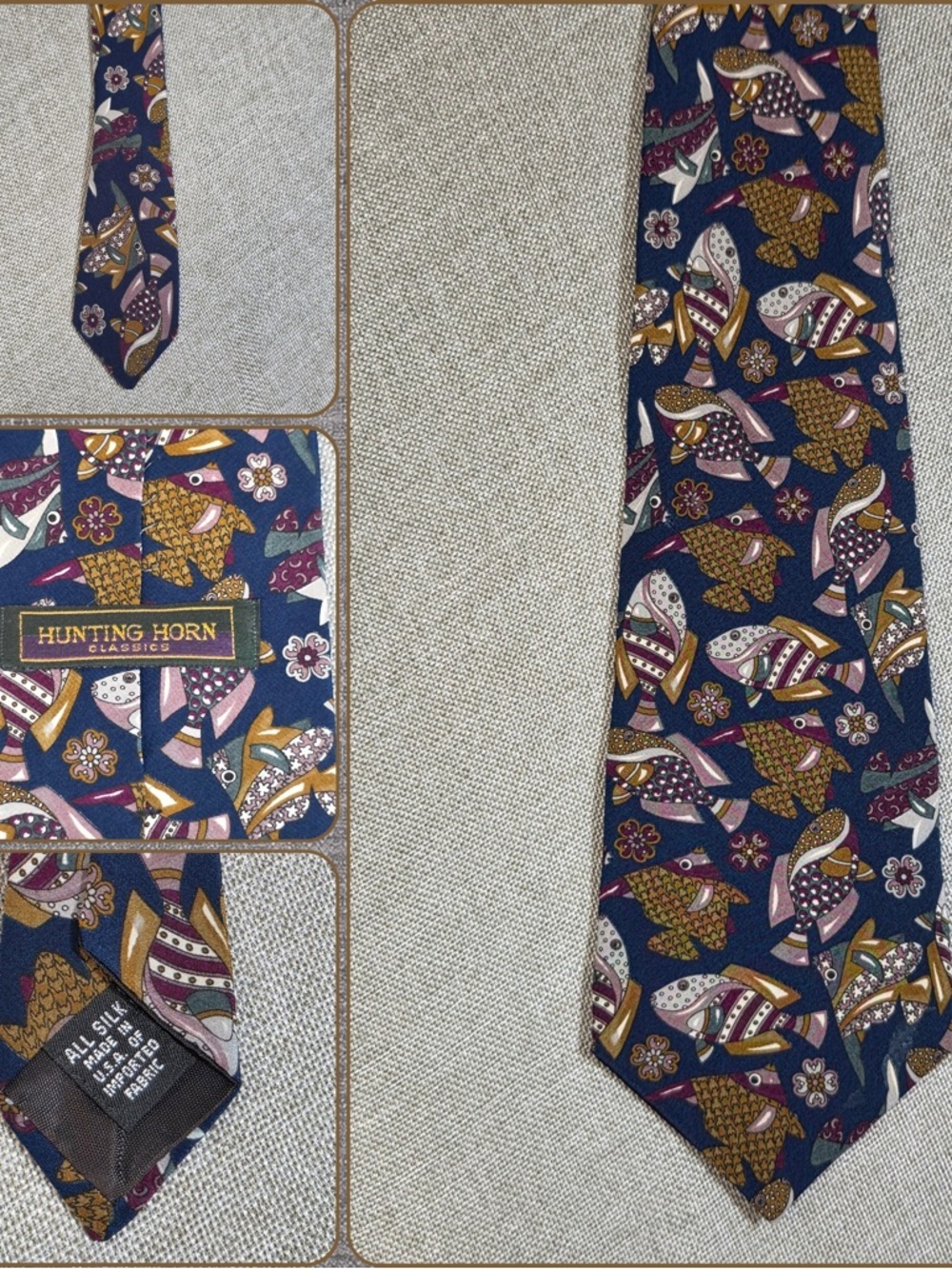 Vintage Fish Silk Tie USA Made Navy Novelty Necktie
